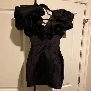 BLACK SATIN PUFF SHOULDER DRESS